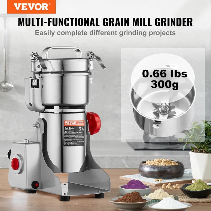 VEVOR 300g Electric Grain Mill Grinder, High Speed 1500W Commercial Spice Grinders, Stainless Steel Pulverizer Powder Machine, for Dry Grains Spices Cereals Coffee Corn Pepper, Swing Type - Image 2